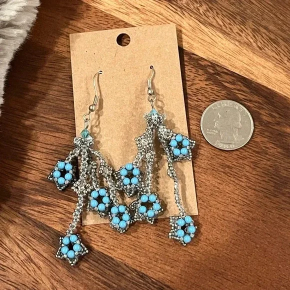 Vintage Beaded Earrings Artisan Handmade • Blue Floral Dangles - Picture 1 of 2